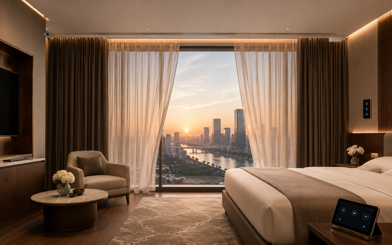 Motorized curtains in a luxury hotel suite